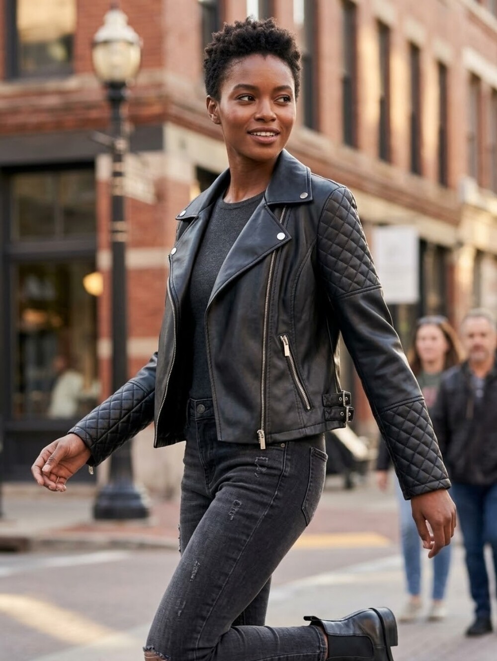 Bagatelle Black Quilted Moto Leather Jacket for Women